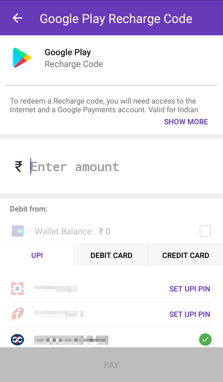 Google Play Recharge - Enter amount