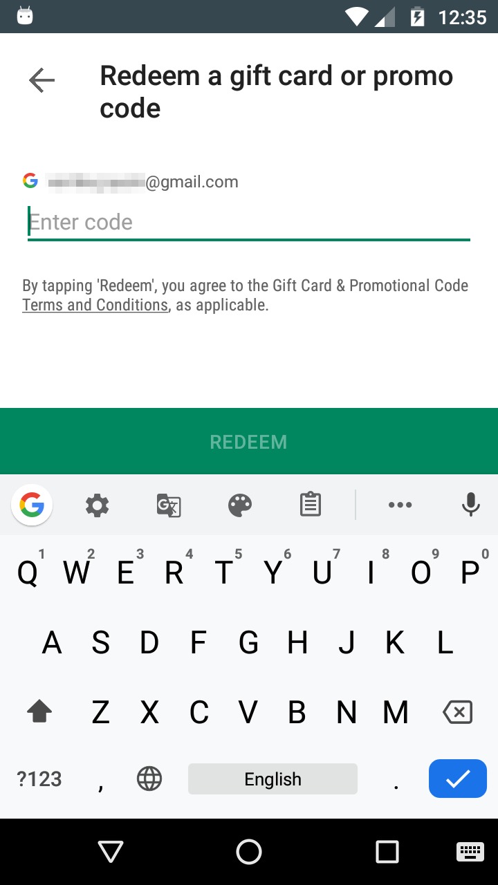 Redeem Google Play Recharge. Code entry.